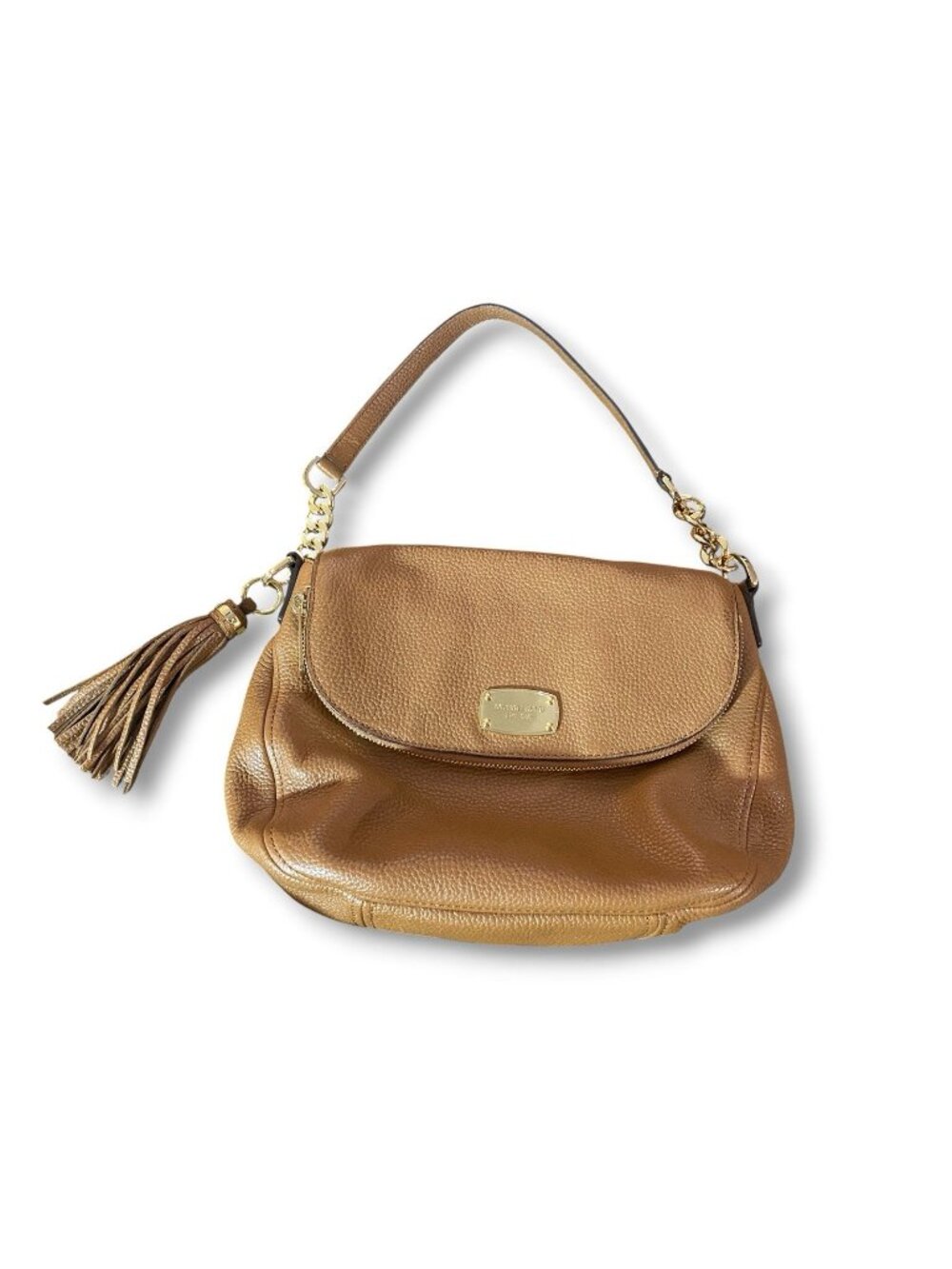 Michael Kors Light Brown Pebbled Leather Tassel Shoulder Saddle Hand Bag Purse